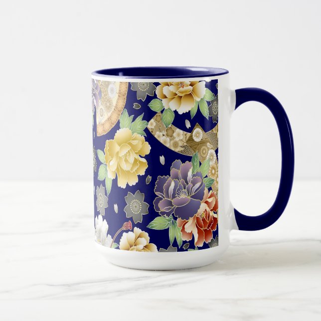 Caneca Flores Douradas de Mint Blue Belo Padrão Japonês (Direita)