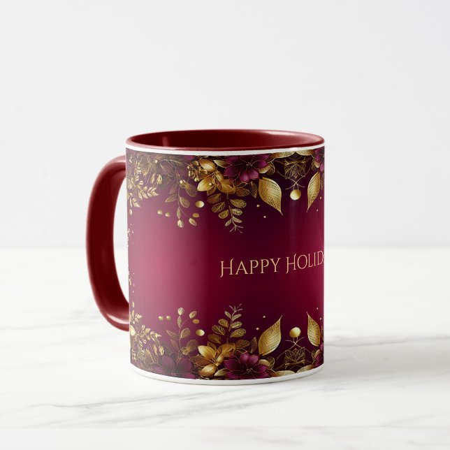 Caneca Flores Douradas Vermelhas Burgundy Foliday Mug (Frente Esquerda)