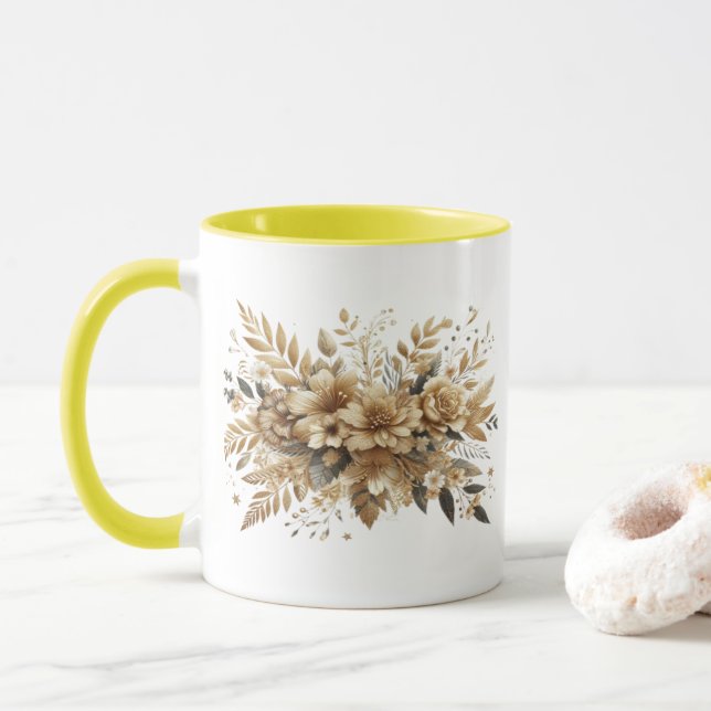 Caneca flores dourados (Com Donut)