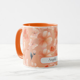 Caneca Flores e Borboletas de Laranja e Pêssego