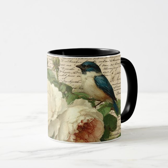 Caneca flores e pássaro vintage (Frente Esquerda)