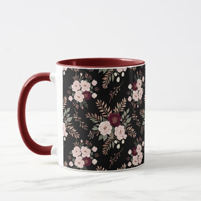 Caneca Flores em Aquarela Rosa Preto e Borgonha (Esquerda)