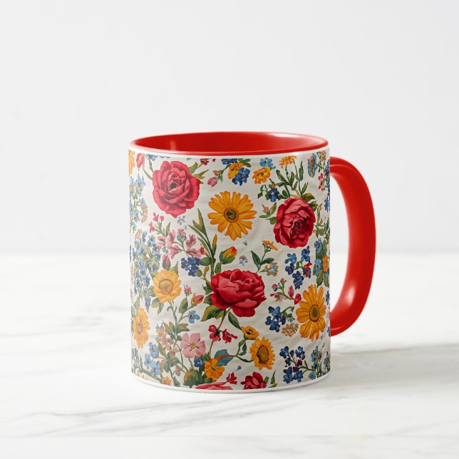 Caneca Flores em toda parte, design colorido, (Frente Esquerda)