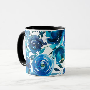 Caneca Flores Florais Azuis Indigo Chique Elegante