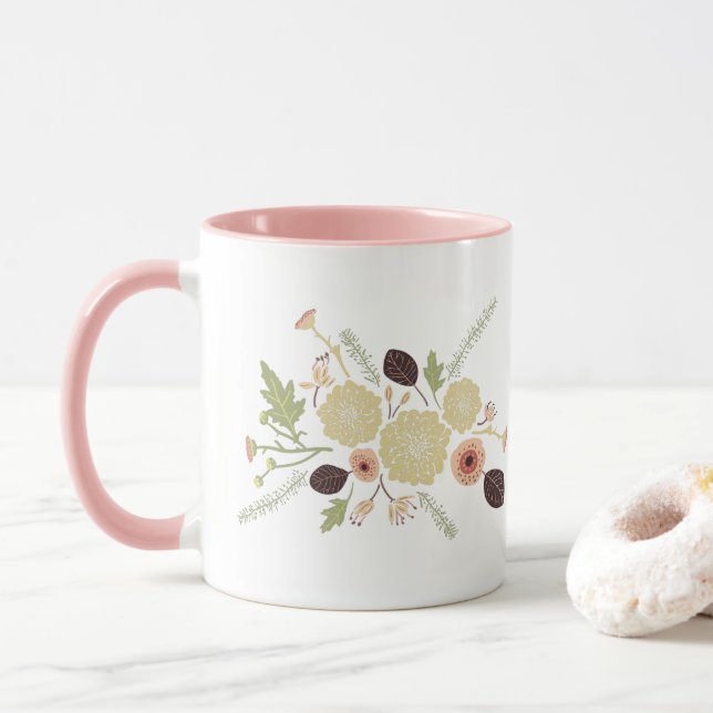Caneca Flores Florais De Pêssego Verde Bonito Motif (Com Donut)