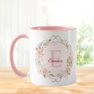 Caneca Flores Florais de Rosa Cor-de-Rosa em Aquarela com