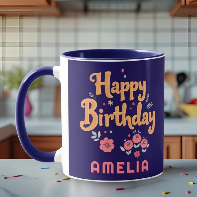Caneca Flores Florais Feliz Aniversário Handlettering (Criador carregado)