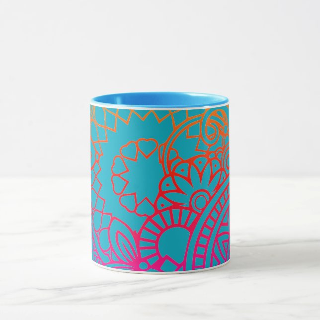 Caneca Flores Laranja Roxo e Fundo Azul (Centro)