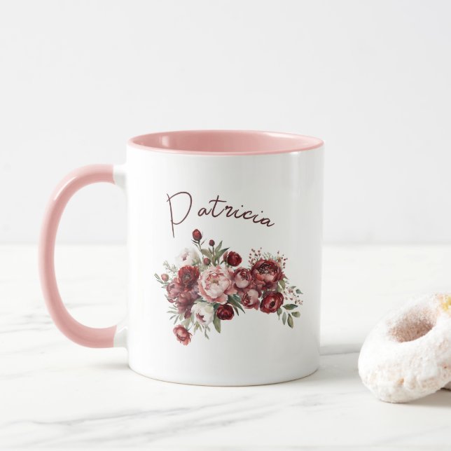 Caneca Flores Modernas de Blush Burgundy (Com Donut)