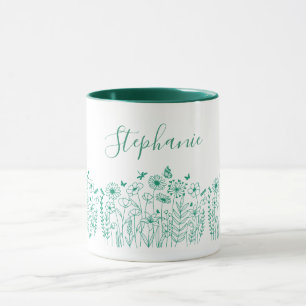 Caneca Flores Modernas de Plantas Naturais Verde e Branca
