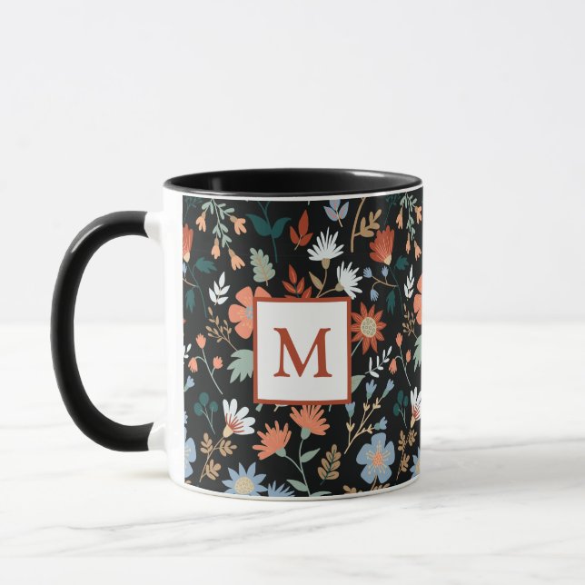Caneca Flores Modernas Deixam Monograma Azul Laranja Negr (Esquerda)