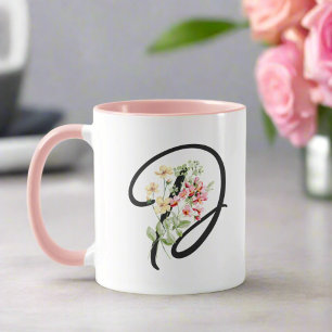 Caneca Flores Modernas Girly Watercolor Iniciais "D"