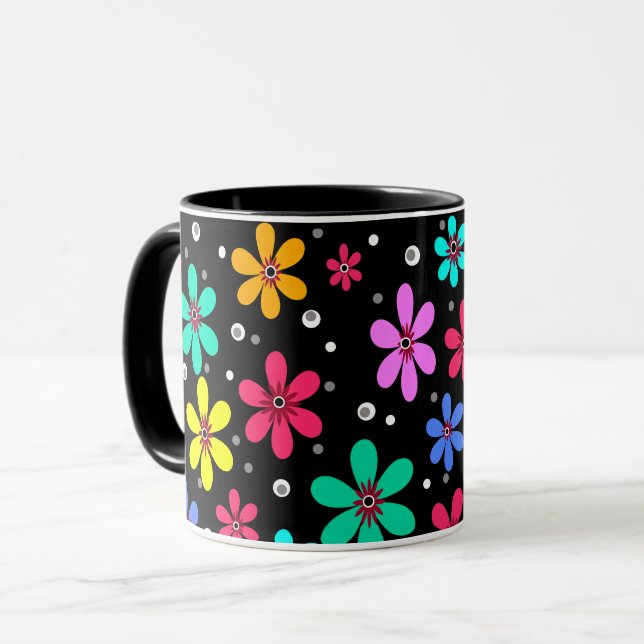 Caneca Flores multicoloridas margaridas fundo retrô verão (Frente Esquerda)