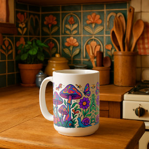 Caneca Flores Psicodélicas e Cogumelos Retro