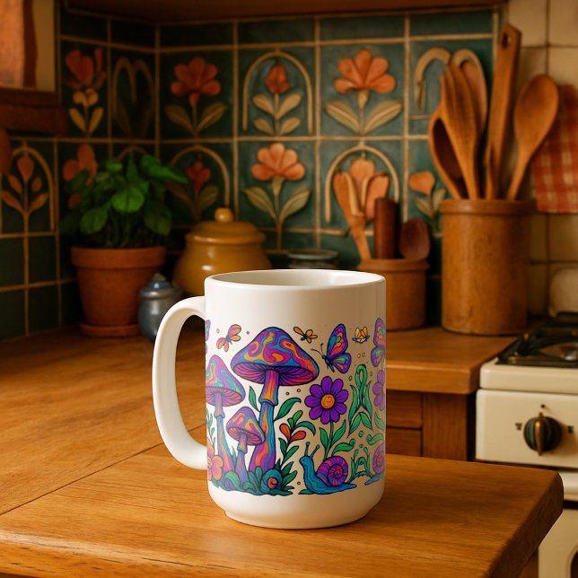 Caneca Flores Psicodélicas e Cogumelos Retro (Criador carregado)