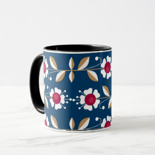 Caneca Flores retro brancas sobre fundo azul escuro
