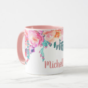 Caneca Flores Rosa Cor-de-Rosa Feminina Nome Personalizad