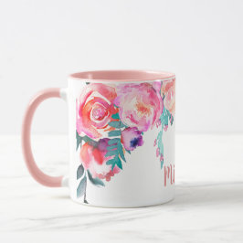 Caneca Flores Rosa Cor-de-Rosa Menina Nome Personalizado 