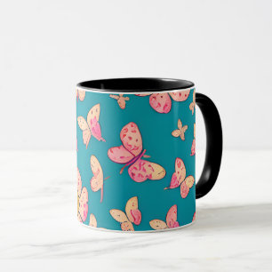Caneca Flores rosa e borboletas Padrão Fundo