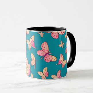 Caneca Flores rosa e borboletas Padrão Fundo