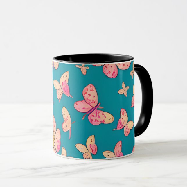 Caneca Flores rosa e borboletas Padrão Fundo (Frente Esquerda)