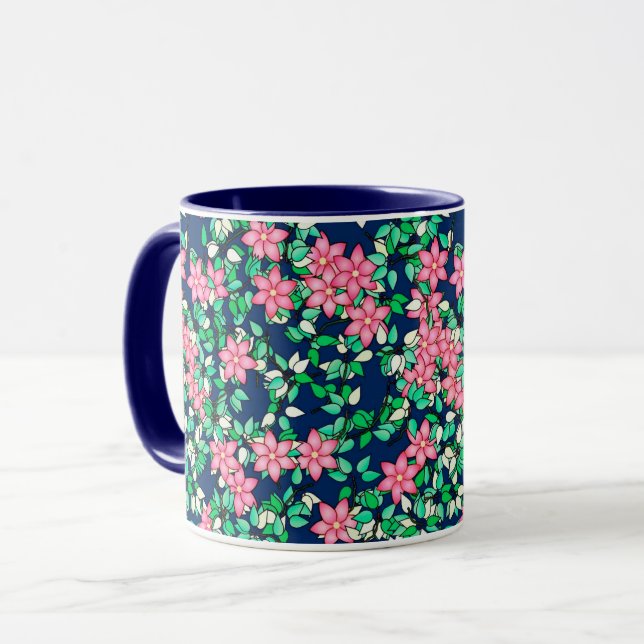 Caneca Flores rosa, fundo azul escuro (Frente Esquerda)