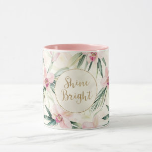 Caneca Flores Rosa Orquídeas Brilhantes Douradas Brilhant