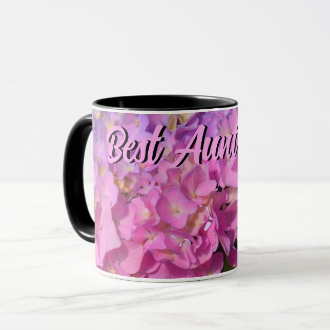 Caneca Flores roxas cor-de-rosa, Hydrangas azuis, rosa, m (Frente Esquerda)