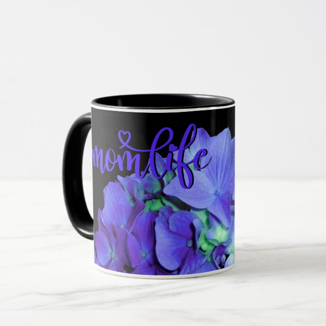 Caneca Flores roxas e azuis Hydrangeas roxas #momlife (Frente Esquerda)