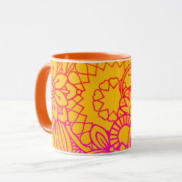 Caneca Flores Roxas Laranja e Fundo Amarelo  