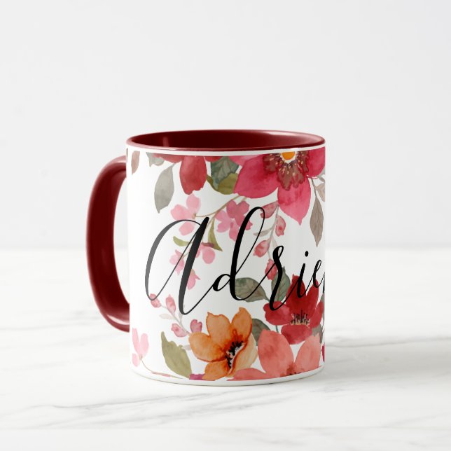 Caneca Flores Russas Vermelhas Flores Aquarelas Nome Adic (Frente Esquerda)