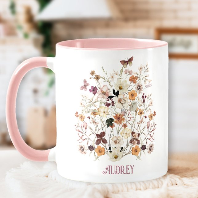Caneca Flores Selvagens Presas Nome Floral Botânico (Pressed Wildflowers Botanical Floral Name Mug)