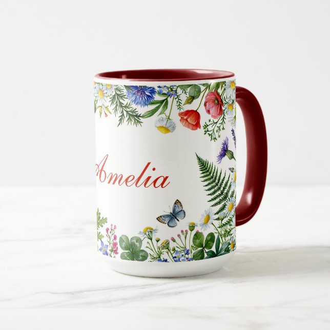 Caneca Flores Silvestres Aquarela com Nome Personalizado (Frente Esquerda)