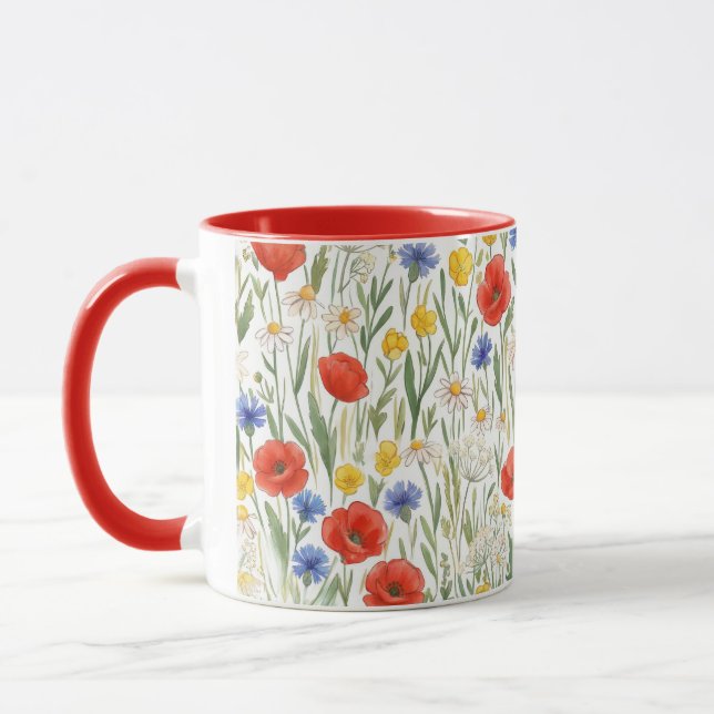 Caneca Flores Silvestres Botânicos Florais Vermelho Azul  (Esquerda)