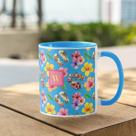 Caneca Flores Tropicais w FlipFlops Monograma Rosa em Azu