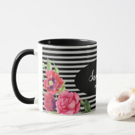 Caneca Flores Vermelhas e Cor-de-Água Rosa Flores Negras