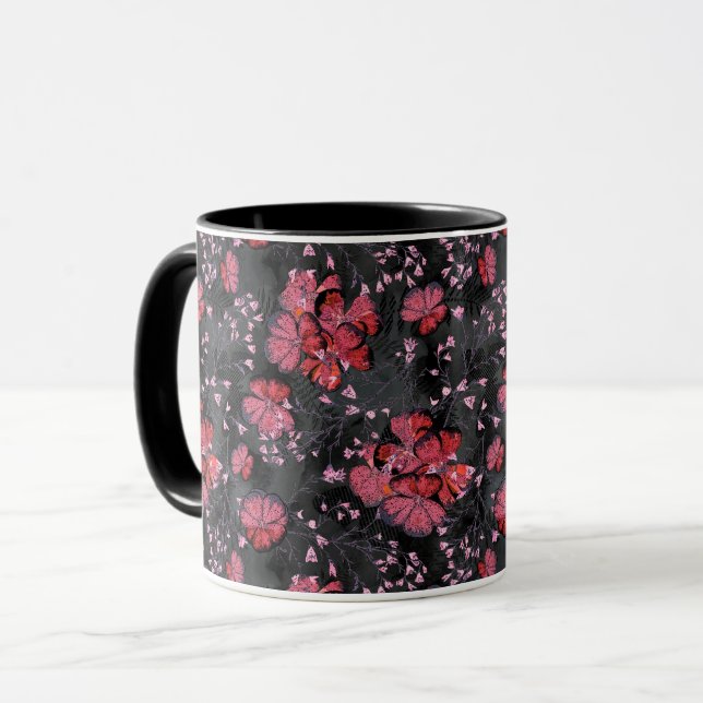 Caneca Flores vermelhas em uma cinza preta. (Frente Esquerda)