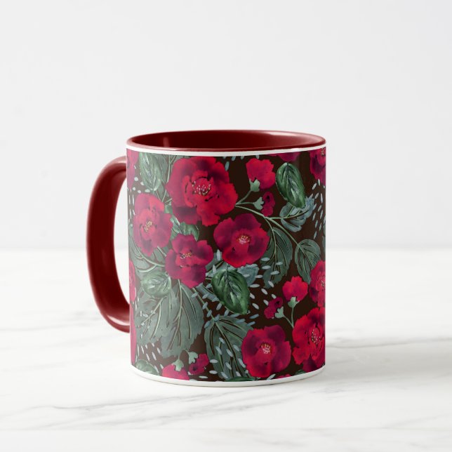 Caneca Flores vermelhas, padrão floral de aquarela. (Frente Esquerda)
