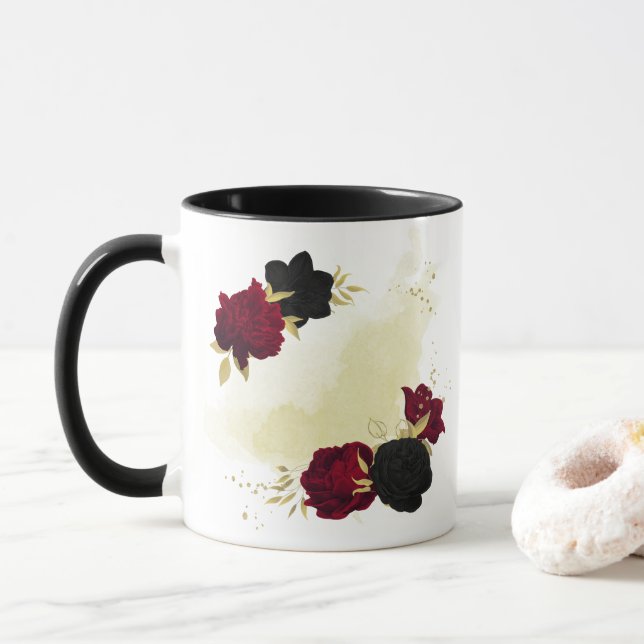 Caneca flores vermelhas pretas folhas de ouro (Com Donut)