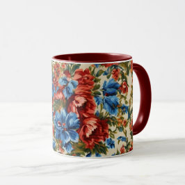 Caneca Flores Vermelhos e Azuis com Folhas Lush Italianas