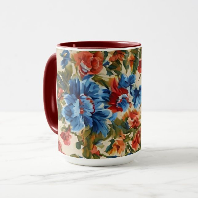 Caneca Flores Vermelhos e Azuis com Folhas Lush Italianas (Frente Esquerda)