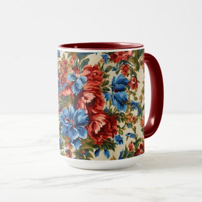 Caneca Flores Vermelhos e Azuis com Folhas Lush Italianas (Frente Esquerda)