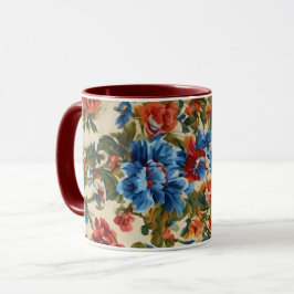 Caneca Flores Vermelhos e Azuis com Folhas Lush Italianas