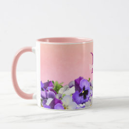 Caneca Flores violetas em pêssego com nome de monograma