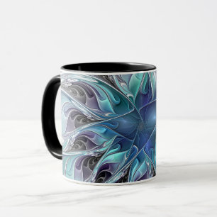 Caneca Florescer Floral Fractal Moderno Abstrato Com Azul