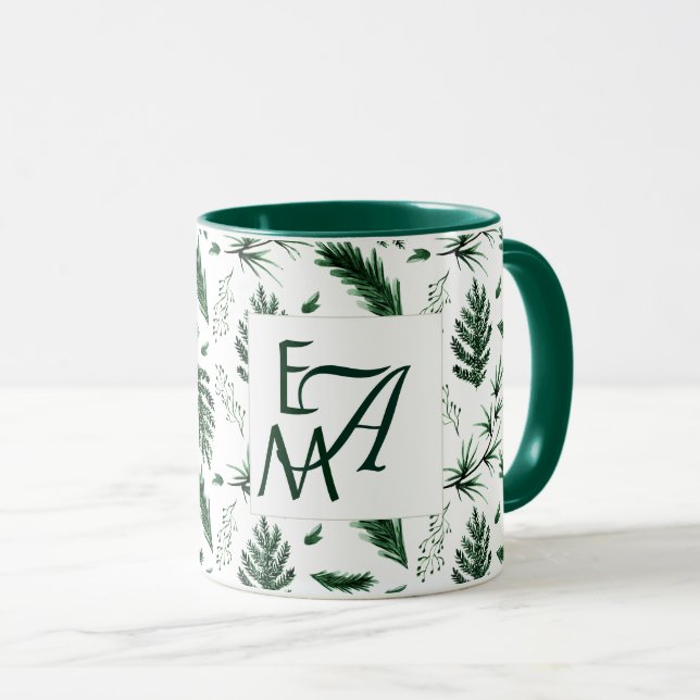 Caneca Floresta Verde Deixa 3 Monogramas Decoração de rec (Frente Esquerda)
