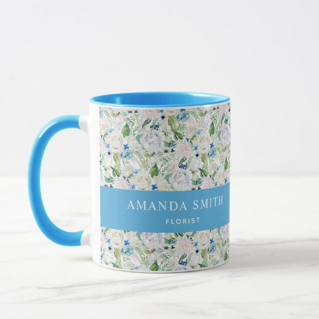 Caneca Florista Elegante Rosa Azul e Branca Personalizado (Esquerda)