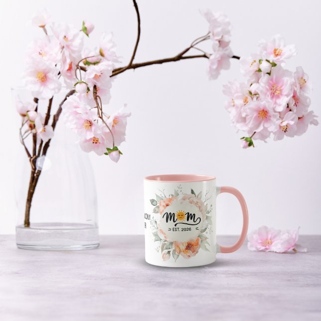 Caneca FlorL Rosa Mãe Estabelecida Nome Ano à Mão (mom to be mother to be coffee for her pregnancy mother s day Mom Established Handwritten Name Year )