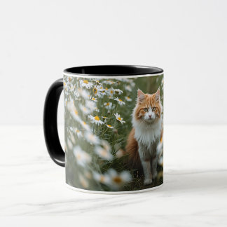 Caneca Fluffy Orange & White Cat in Daisy Field Coffee Mu