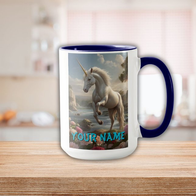 Caneca Fluxo de Flor Branco Personalizado Unicórnio (Personalized White Unicorn Flower Stream Mug)